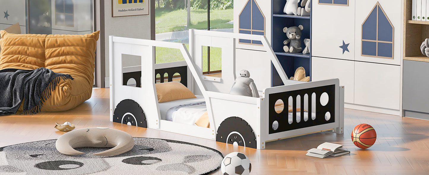 Twin Size Classic Car-Shaped Platform Bed with Wheels - White