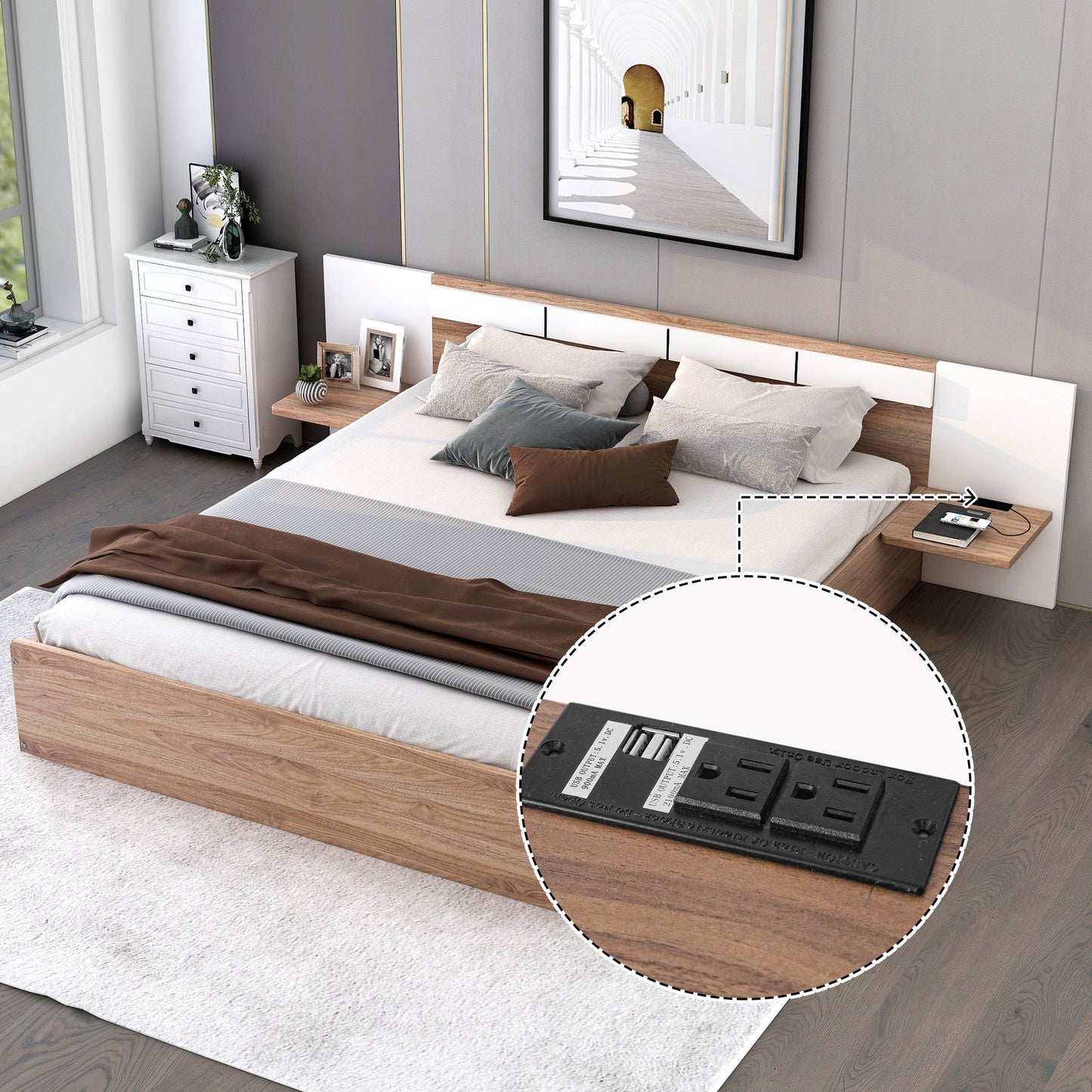 Queen Size Platform Bed with Headboard and Storage, Natural