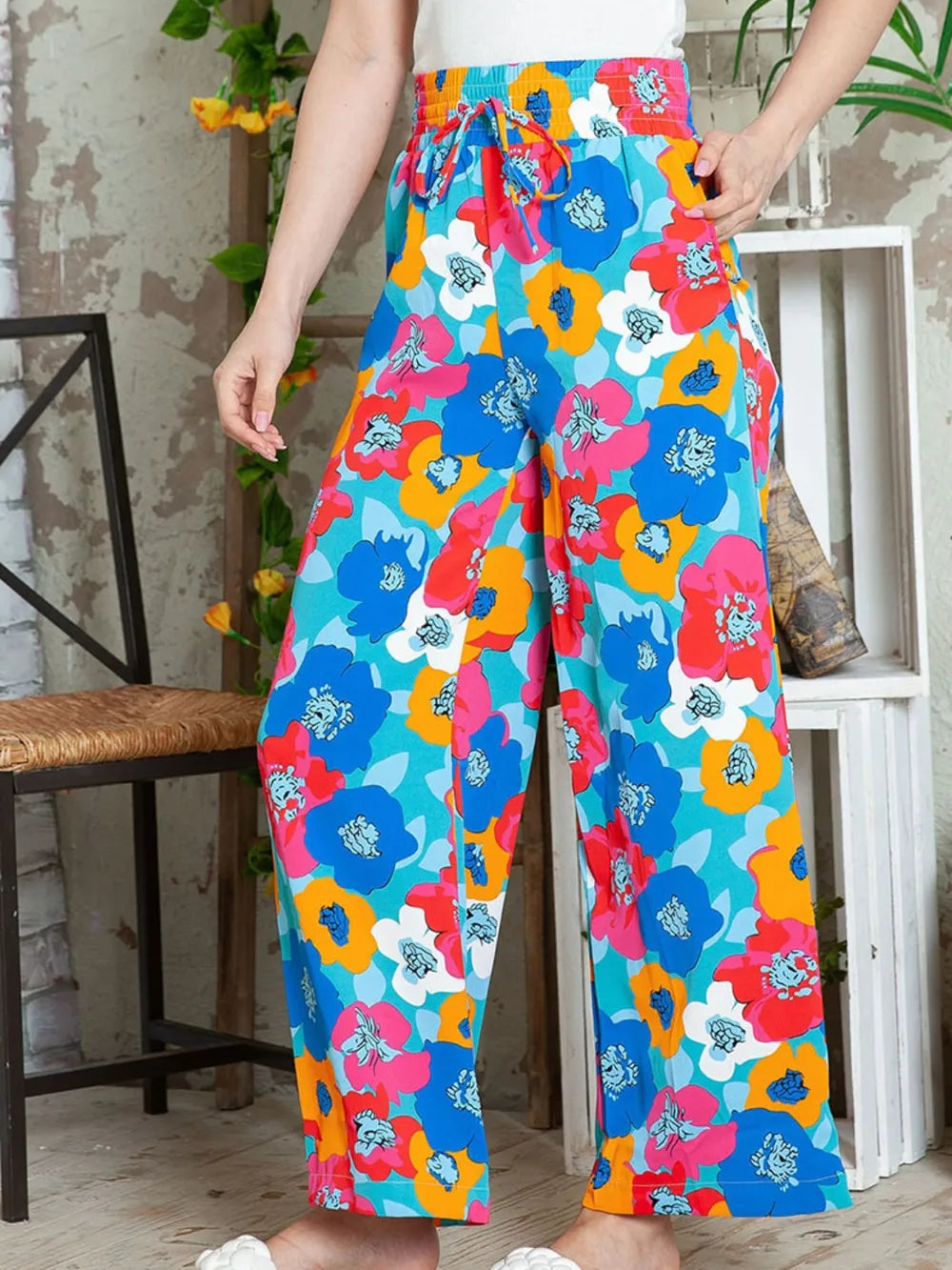 Personalized floral print high waisted straight leg pants for women - Korvel