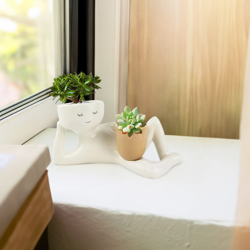 Funny Resin Succulent Pot: Relaxing - pose Figure with Pot Planter, Drainage Hole, Ideal for Succulents and Cacti - Korvel
