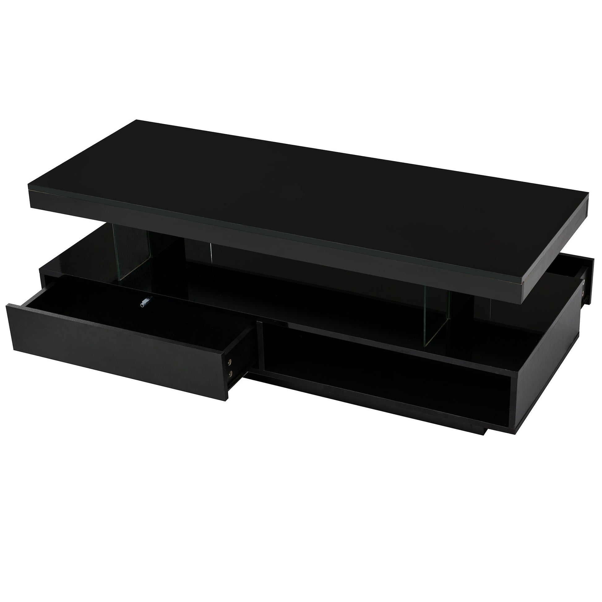 U-Can LED coffee table with storage space, modern central table with 2 drawers and display rack, equipped with LED lights, black - Korvel
