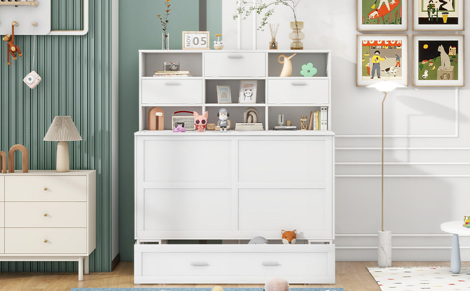 ueen Size Murphy Bed with Bookcase, Bedside Shelves and a Big Drawer, White - Korvel