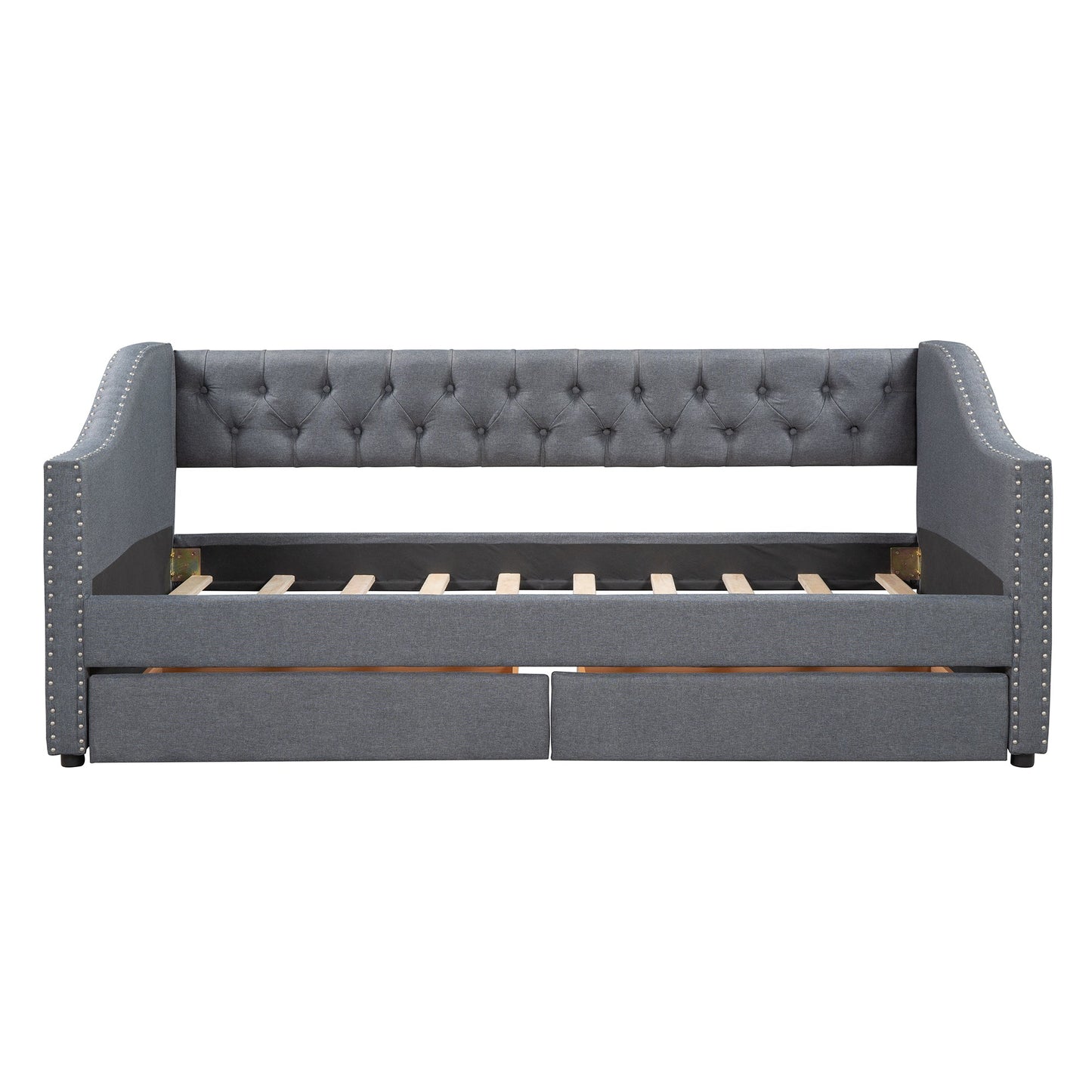 Cama nido tapizada de tamaño individual con dos cajones - Gris