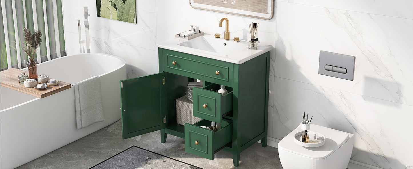 Vanidad de baño verde de 30" con lavabo y almacenamiento
