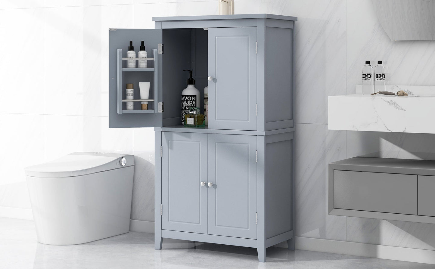 Bathroom floor storage cabinet, bathroom storage cabinet, 4-door independent cabinet, adjustable shelf, adaptive shelf, gray - Korvel