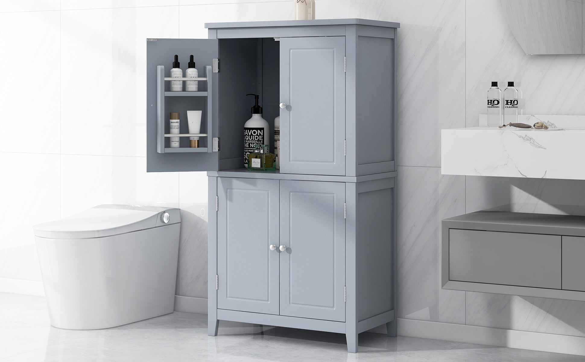 Bathroom floor storage cabinet, bathroom storage cabinet, 4-door independent cabinet, adjustable shelf, adaptive shelf, gray - Korvel