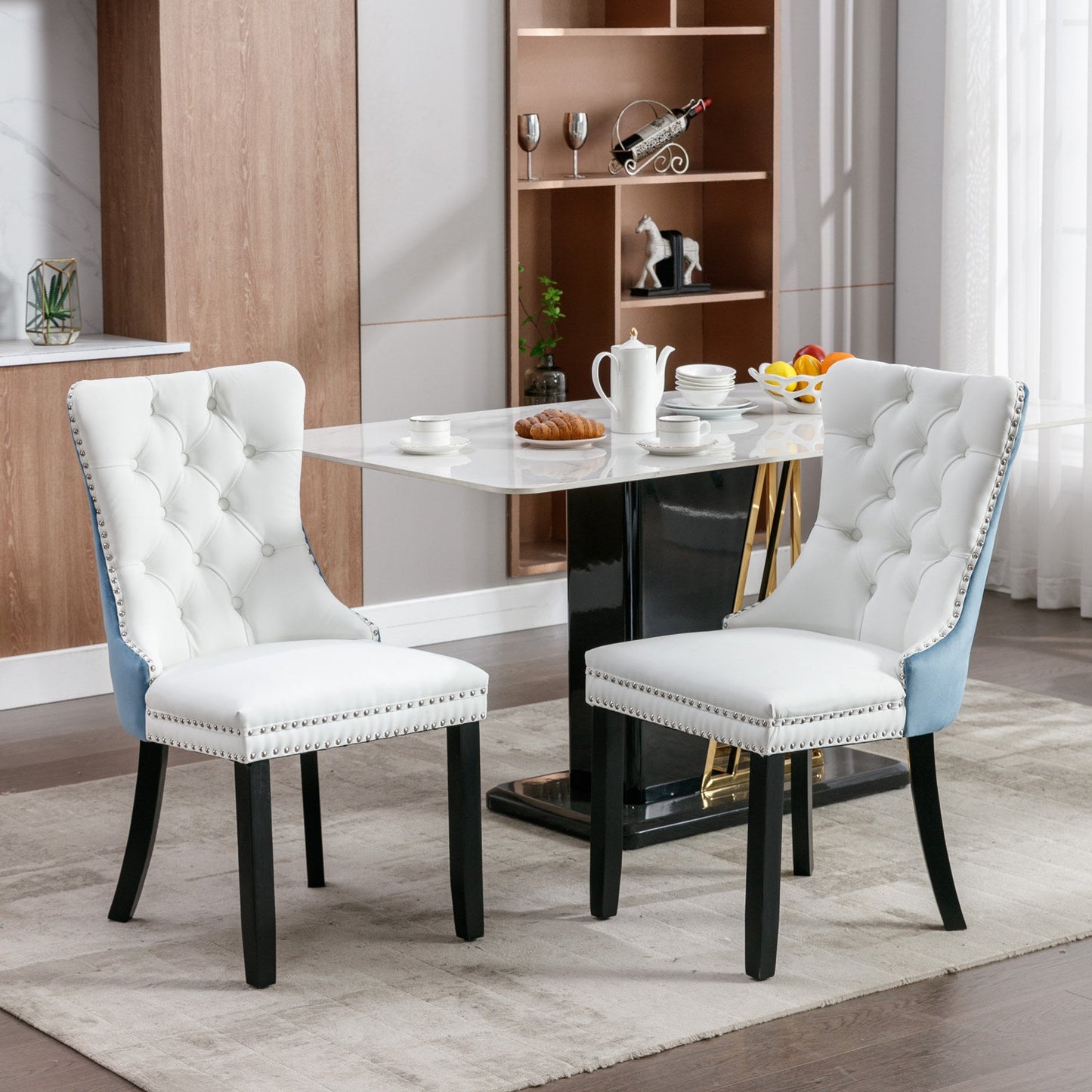 A&A Furniture Nikki Collection Modern High-end Tufted Solid Wood Contemporary PU 2-Pcs Set White+Light Blue - Korvel
