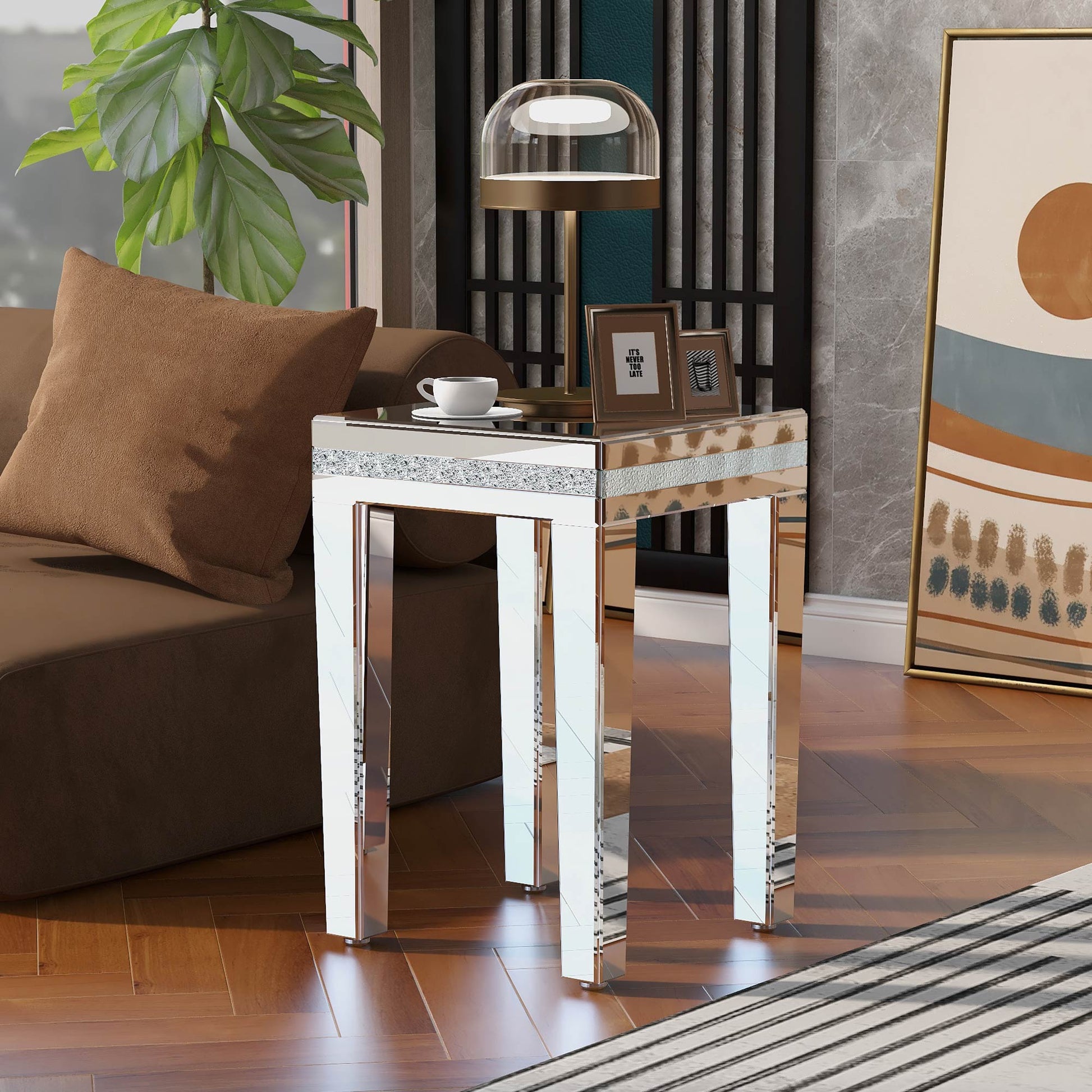 ON-TRANS glass mirror edge table, easy to assemble crystal design and adjustable height leg edge table, silver - Korvel