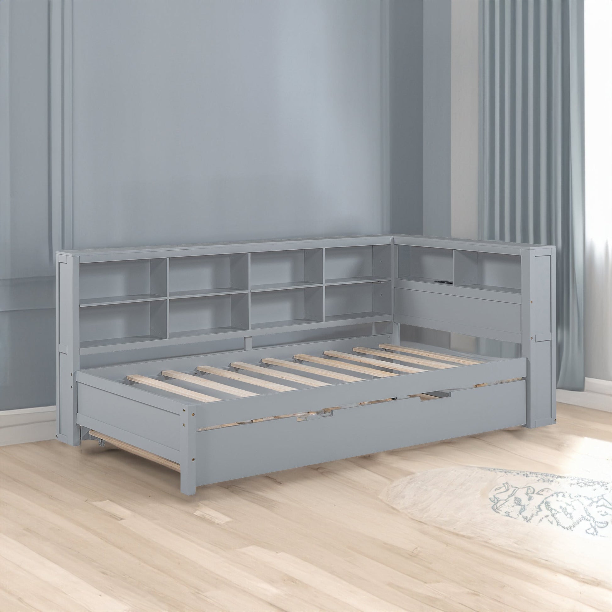 Wooden Twin Size DayBed with Twin Size Trundle, DayBed with Storage Shelf and USB Charging Ports,Grey - Korvel