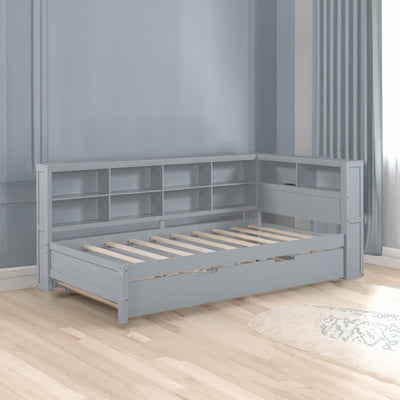 Wooden Twin Size DayBed with Twin Size Trundle, DayBed with Storage Shelf and USB Charging Ports,Grey - Korvel