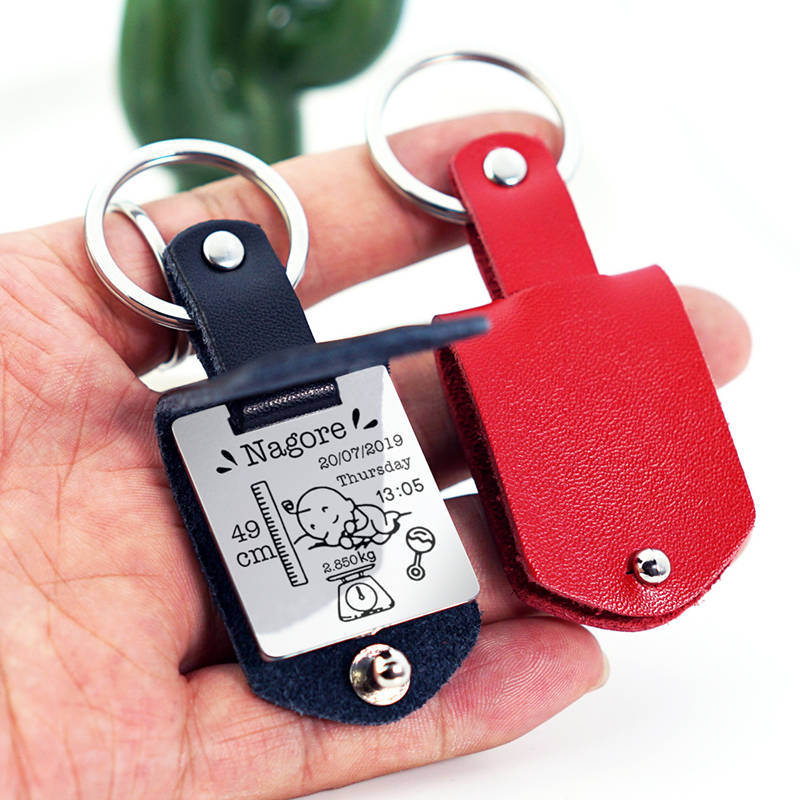 Porte-clés en cuir gravé personnalisé et en acier inoxydable