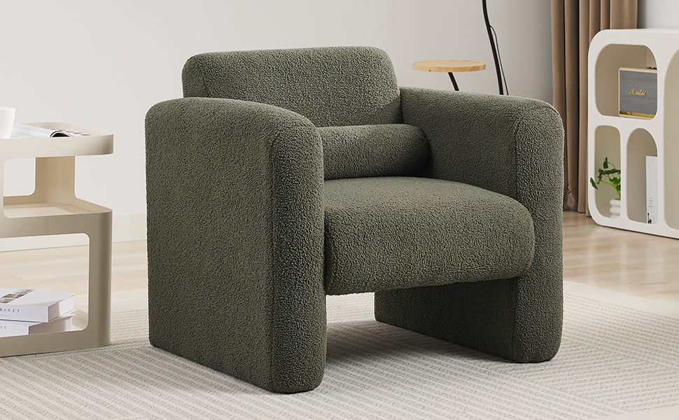 Modern style chair with sheepskin Sherpa fabric soft cushion, comfortable armchair, soft with backrest and pillow, seaweed green - Korvel