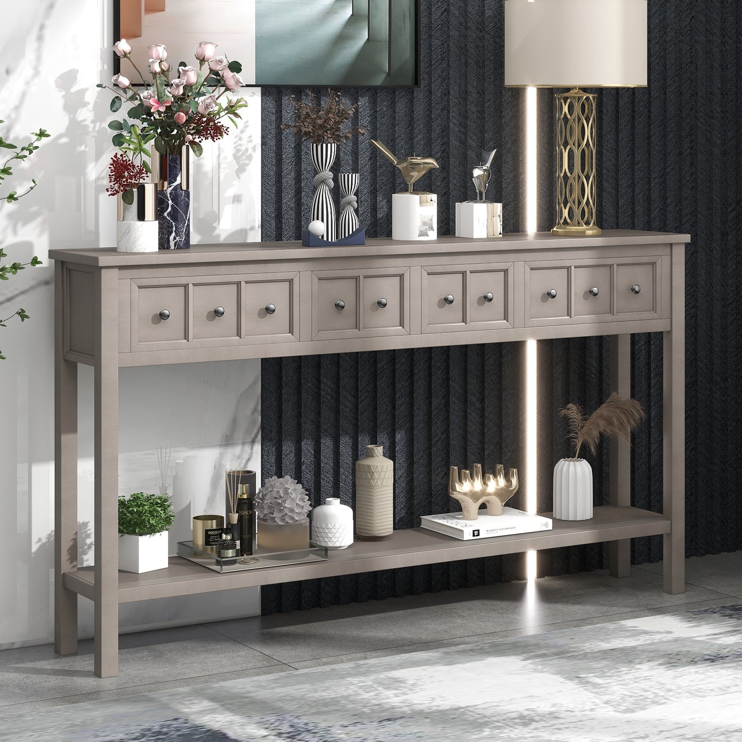 TREXM Rustic Entryway Console Table60" Long Sofa Table with two Different Size Drawers and Bottom Shelf for Storage (Gray Wash) - Korvel
