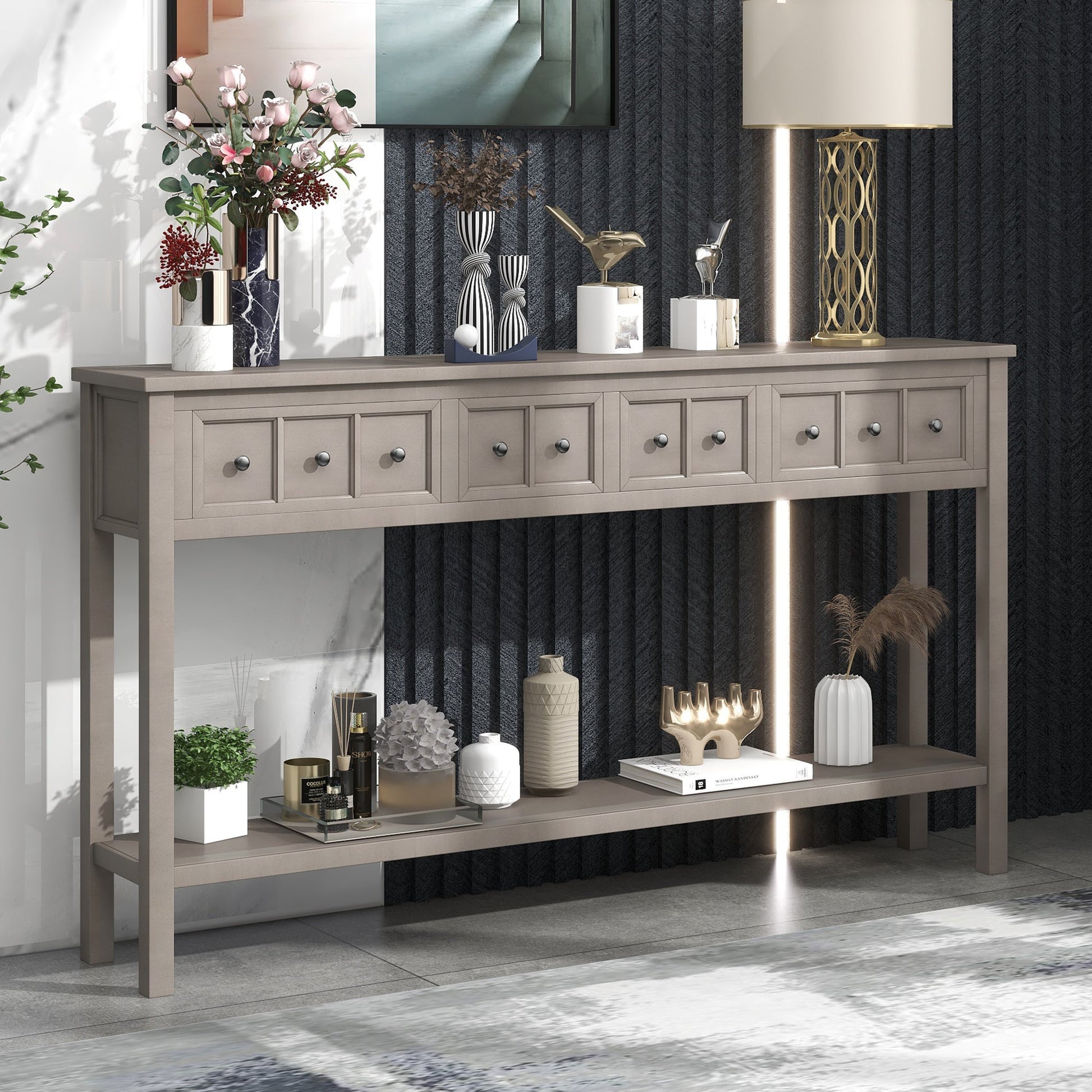TREXM Rustic Entryway Console Table60" Long Sofa Table with two Different Size Drawers and Bottom Shelf for Storage (Gray Wash) - Korvel