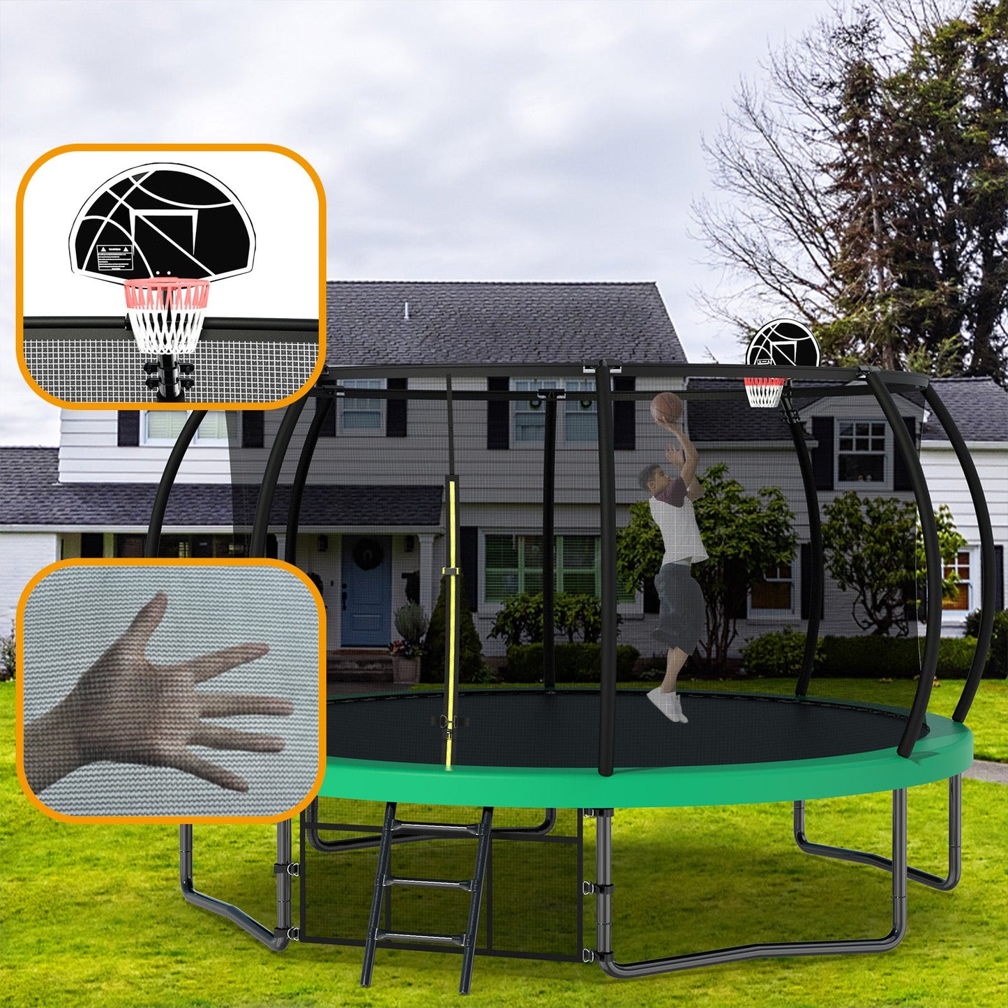 12FT Recreational Kids Trampoline with Safety Enclosure Net & Ladder, Outdoor Recreational Trampolines - Korvel