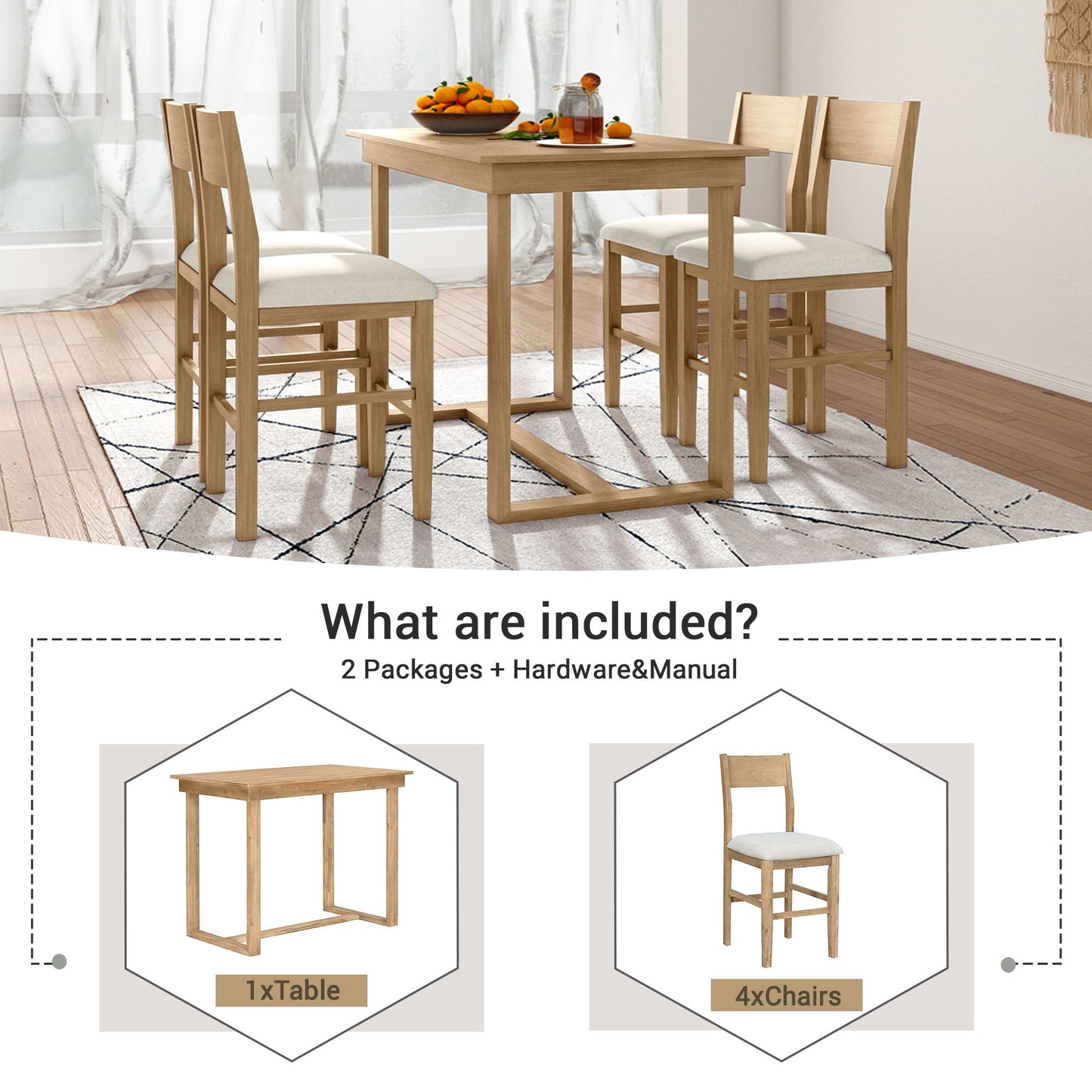 TOPMAX farmhouse countertop height 5-piece dining table set with 1 rectangular dining table and 4 brown dining chairs - Korvel