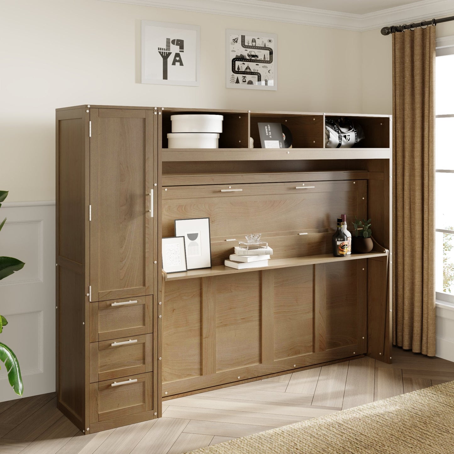 Full Size Murphy Bed with Wardrobe, Drawers and Open Shelves, Antique Grey - Korvel