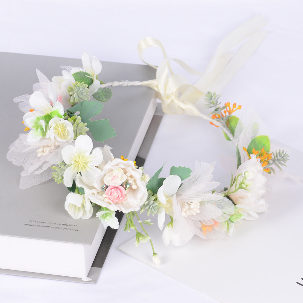 Korean style super fairy bride headdress simulation flower green leaf hair accessory sweet girl Hanfu wedding headdress wreath - Korvel