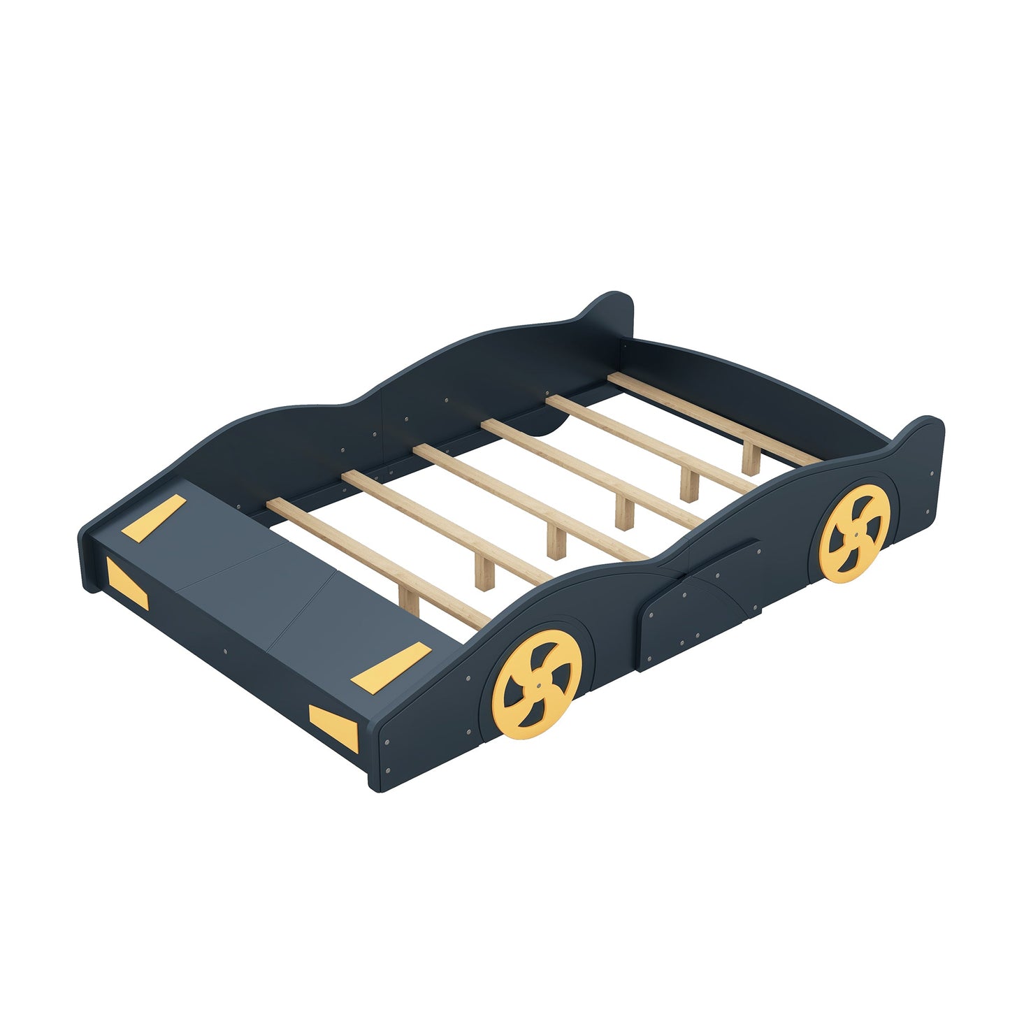 Full Size Race Car-Shaped Platform Bed with Wheels and Storage, Dark Blue+Yellow - Korvel