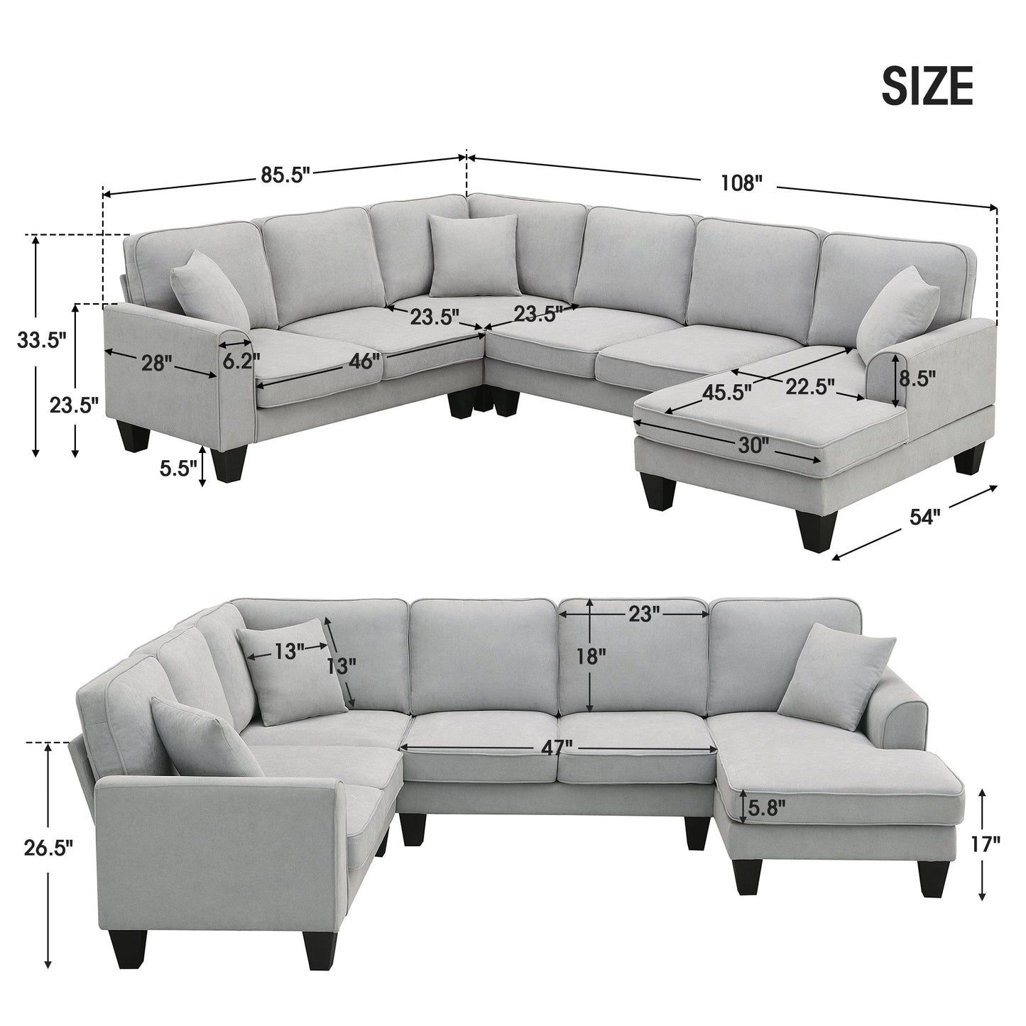 [VIDEO provided] [New] 108*85.5" Modern U Shape Sectional Sofa 7 Seat Fabric Sectional Sofa Set - Korvel