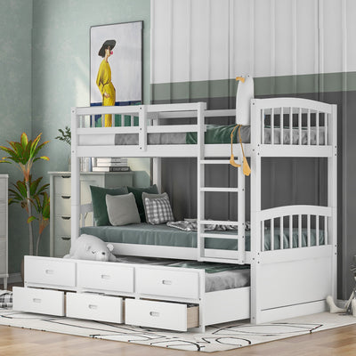 Twin over Twin Wood Bunk Bed with Trundle and Drawers White - Korvel