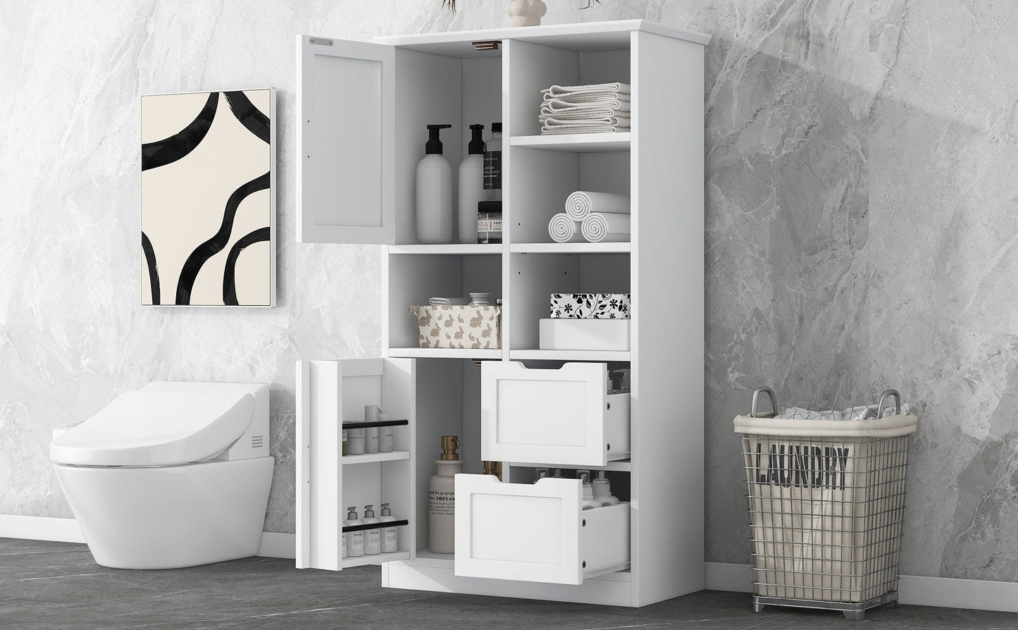Bathroom storage cabinet with doors and drawers, multiple storage spaces, independent, open adjustable shelves, white - Korvel