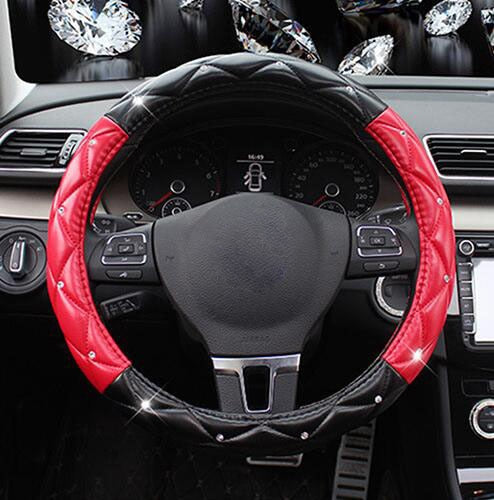 Leather Steering Wheel Covers Crystal Studded Rhinestone Car Steering-Wheel Cover Cases Pink Car Interior Accessories For Girls - Korvel