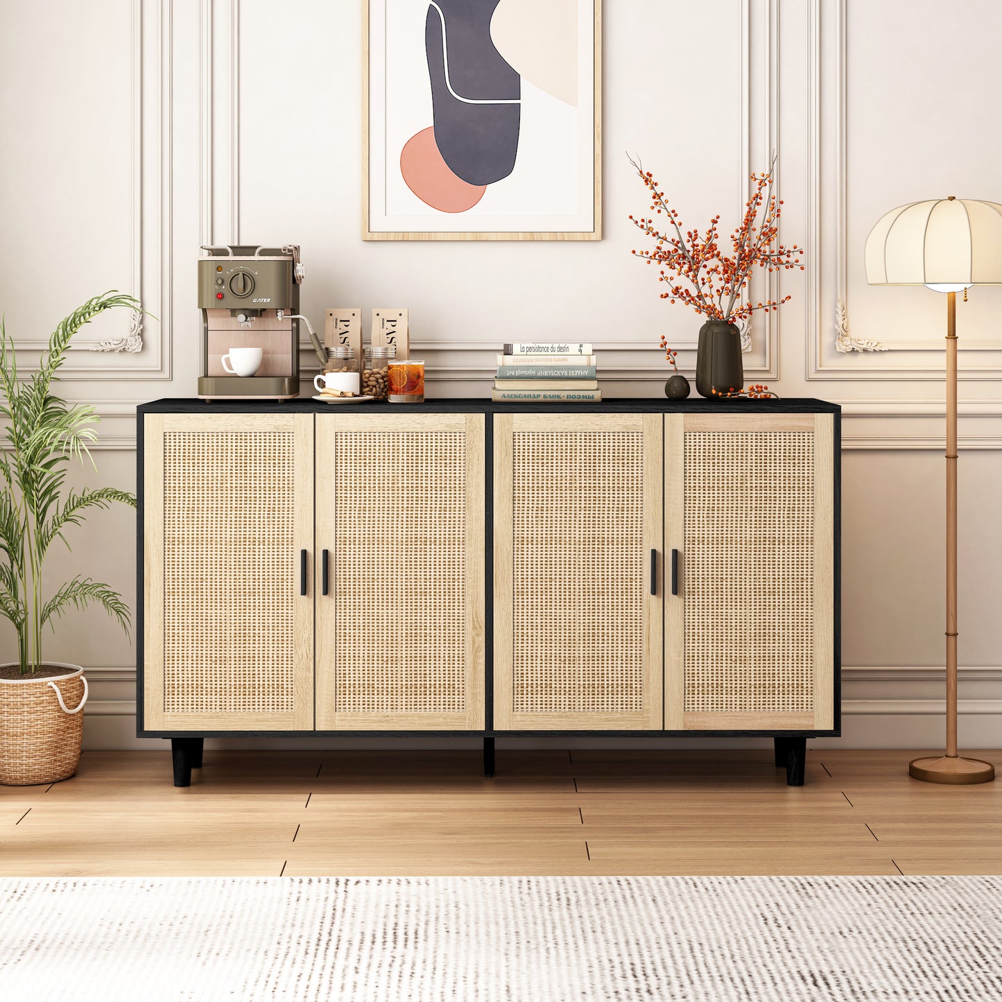 62.20"Elegant and Functional 4-Door Rattan Decorative Storage Cabinet,for Bedroom,Living Room,Office,Easy Assembly,Black - Korvel