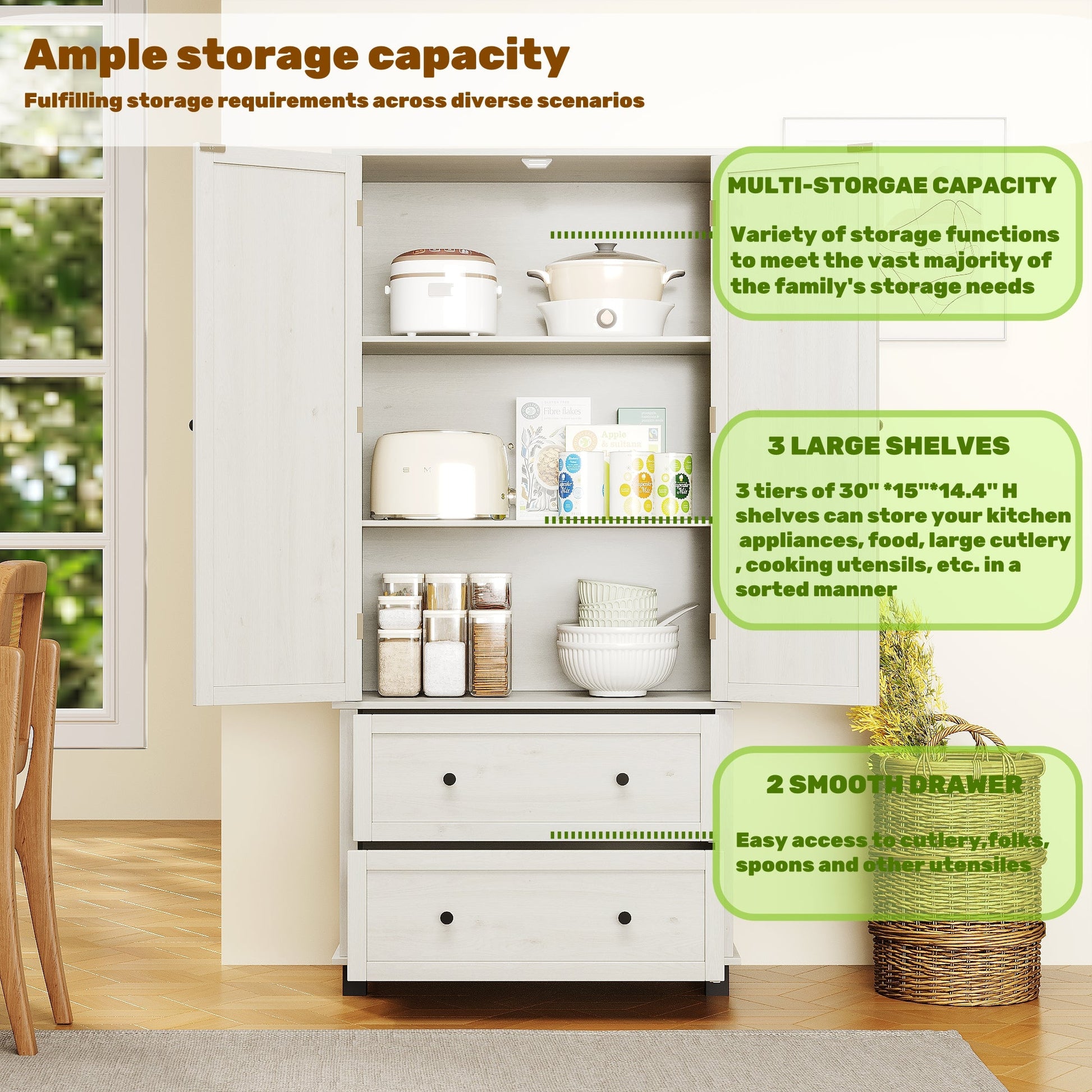 70 inch high kitchen pantry storage cabinet with 2 drawers and 3 shelves, large storage cabinet (antique white) - Korvel