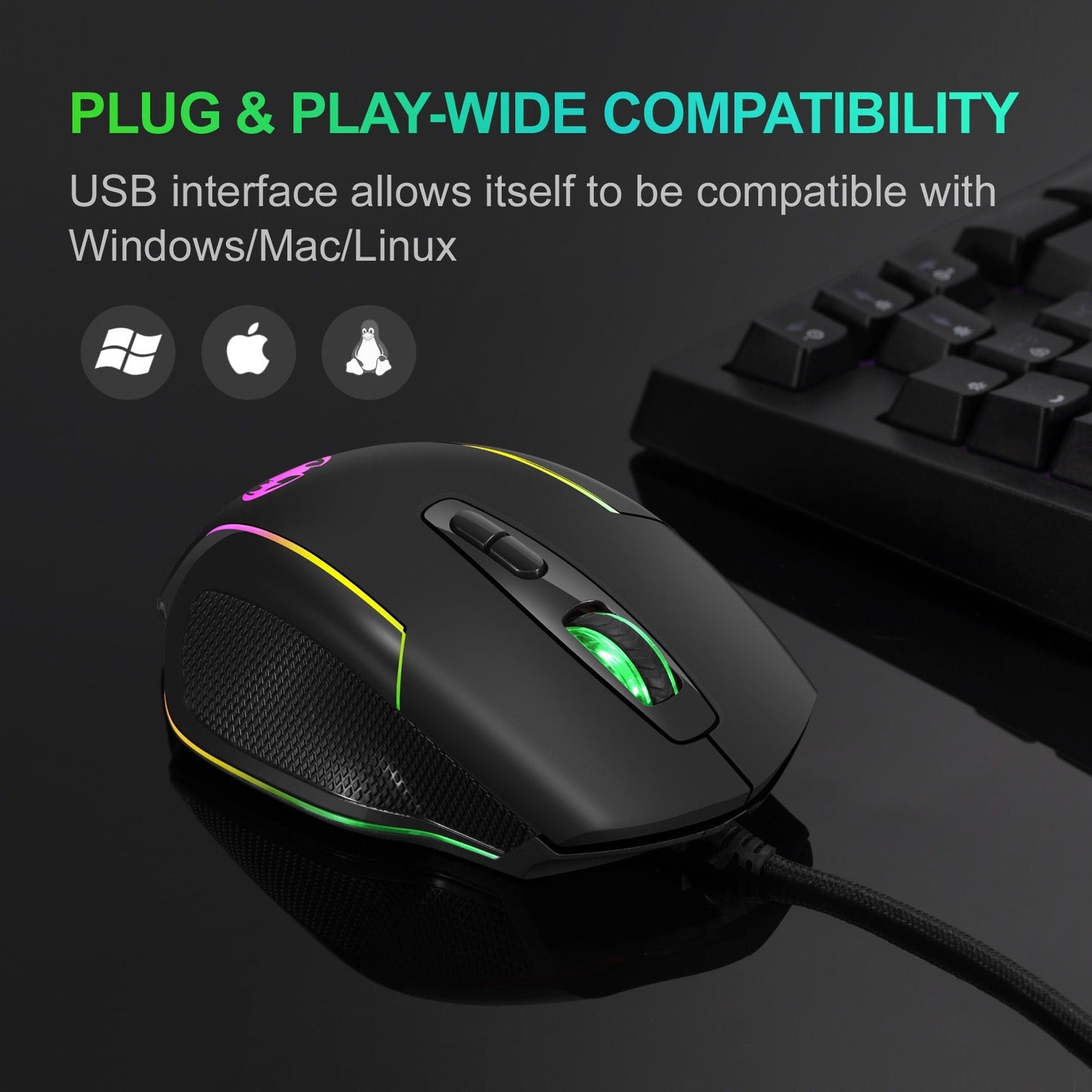 Wired optical gaming mouse with seven key macro light emitting breathing light - Korvel