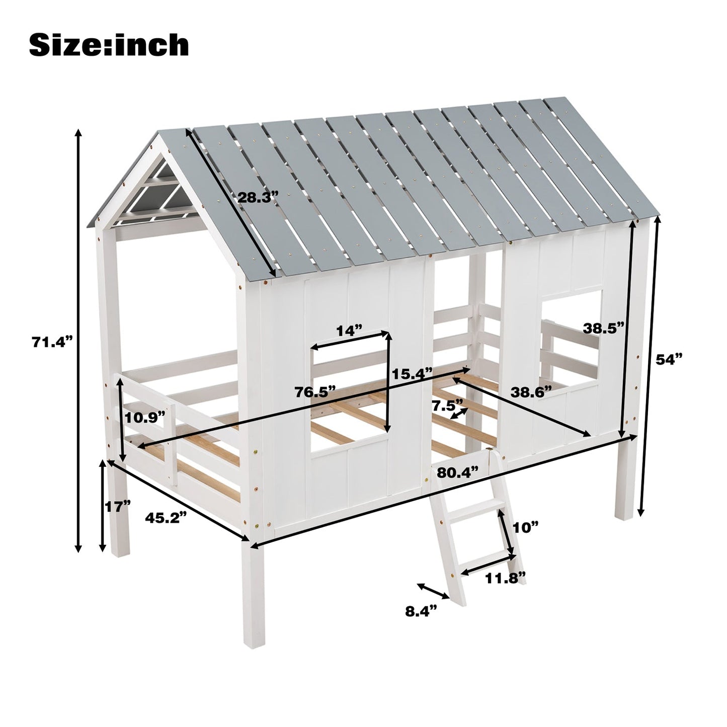 Twin Size Low Loft House Bed with Roof and Two Front Windows White - Korvel