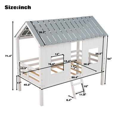 Twin Size Low Loft House Bed with Roof and Two Front Windows White - Korvel
