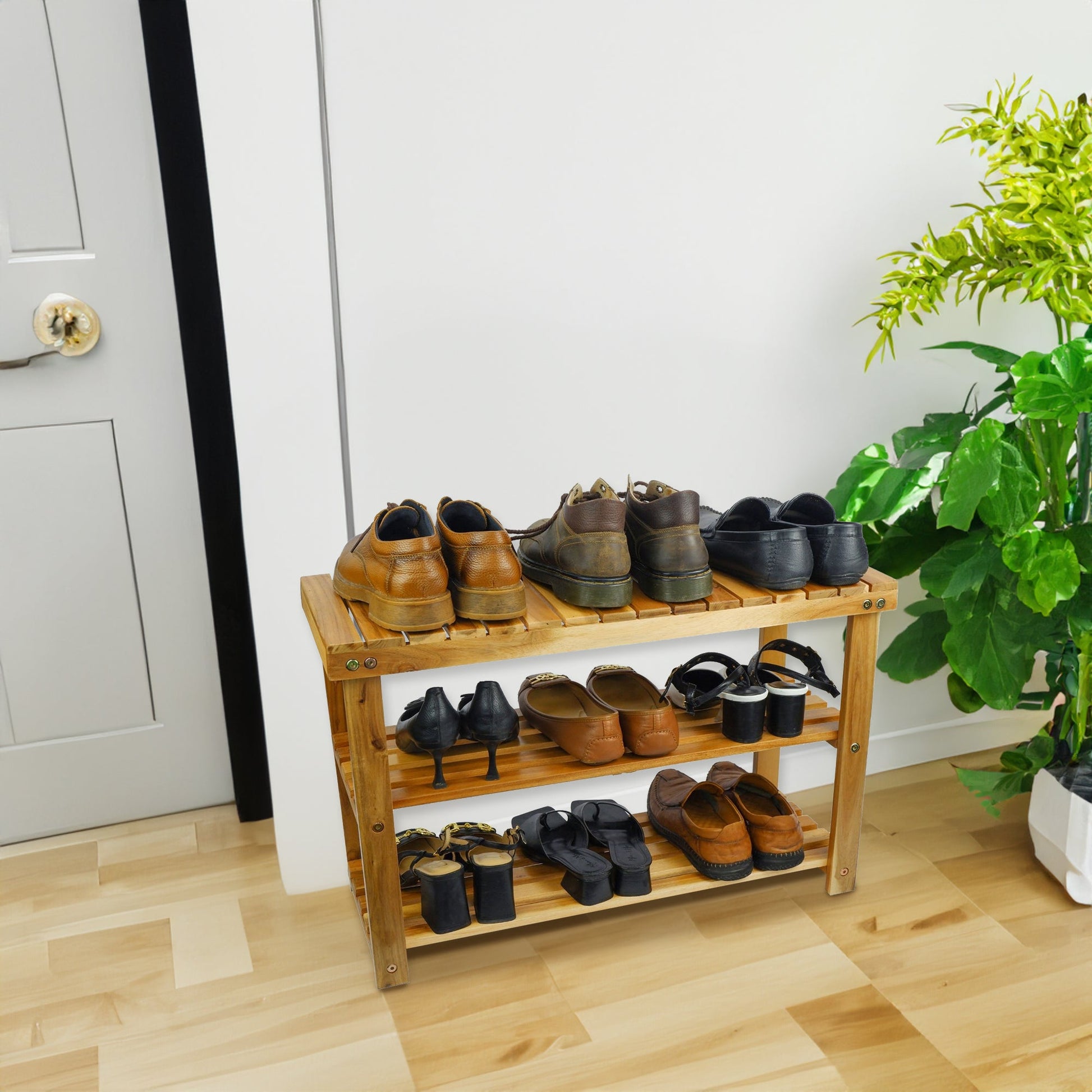 Acacia Wood Shoe Rack Bench Strong Weight Bearing Upto 200 LBS Best Ideas For Entryway Frontdoor Bathroom, Natural Color. - Korvel