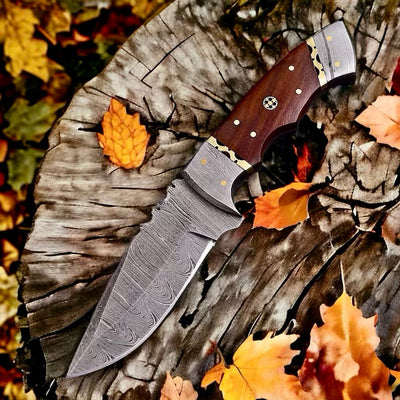 Compact Bushcraft Knife – 9" Damascus Steel Blade with Elegant Rosewood Handle & Leather Sheath - Korvel