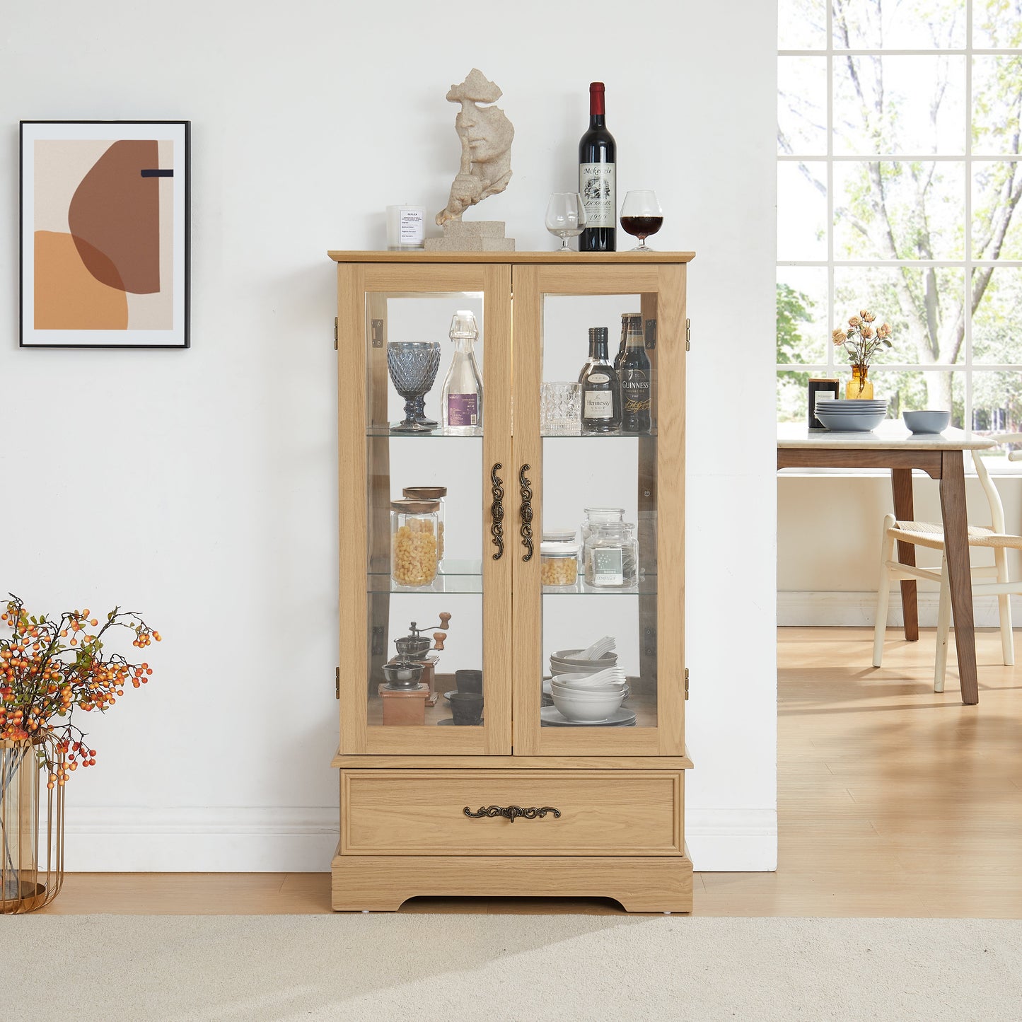 Light colored glass cabinet with adjustable glass frame, including cabinet light bulbs OAK with 2 doors and 1 drawer - Korvel