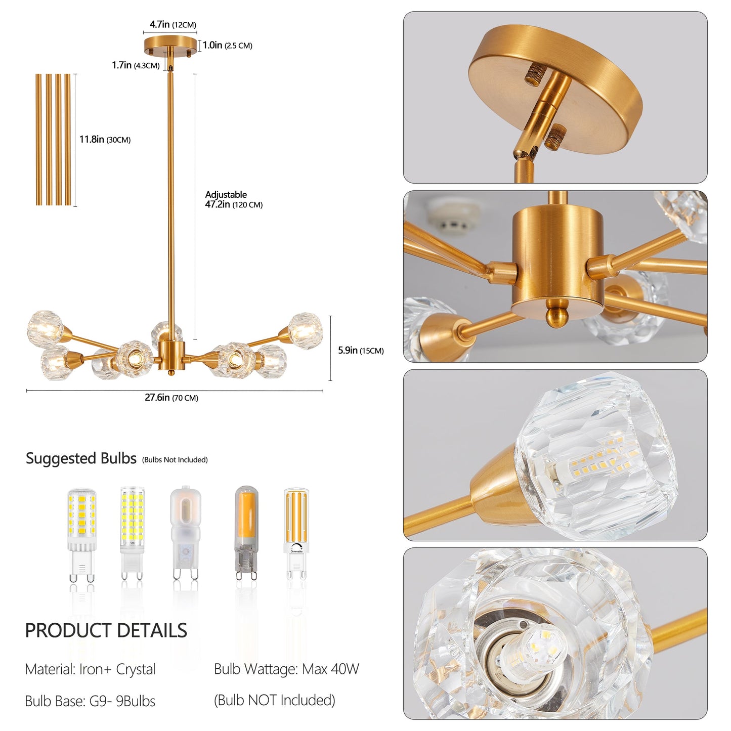 Modern Crystal Chandeliers, 9 Lights Golden Chandelier for Living Room Bedroom (Bulbs Not Included) - Korvel
