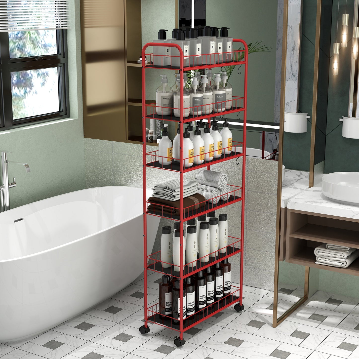 Red 6-story ultra-thin rolling storage cart, mobile shelves with wheels, metal wire storage rack with baskets - Korvel