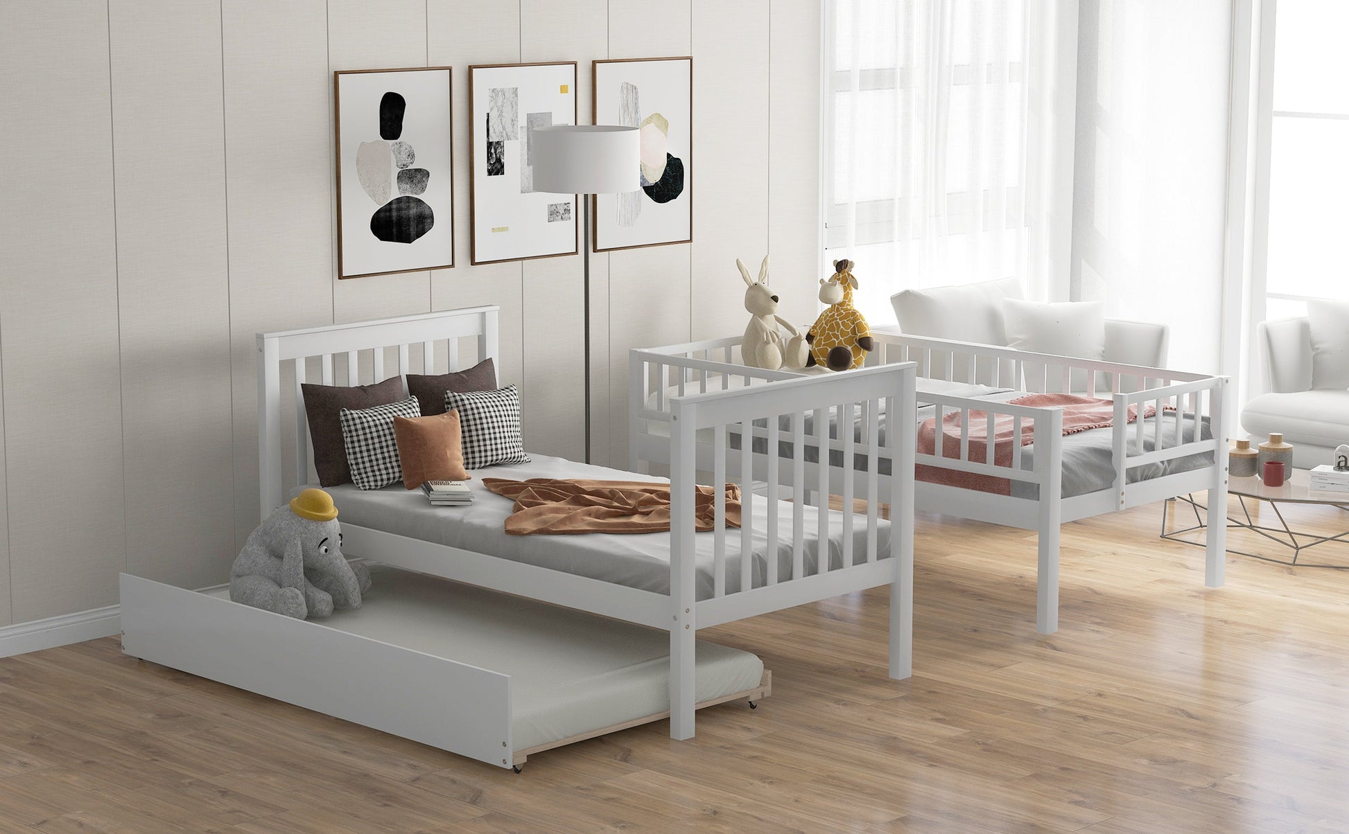 Twin over Twin Bunk Bed with Trundle and Storage  White - Korvel