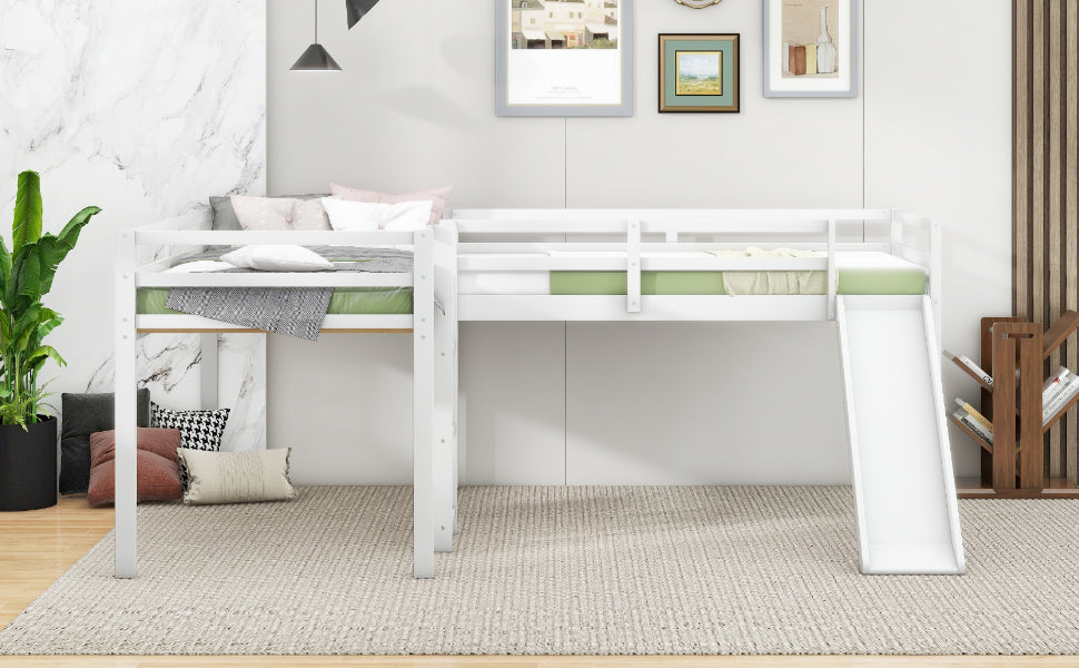 Lit mezzanine en forme de L pour enfant avec échelle et toboggan - Blanc