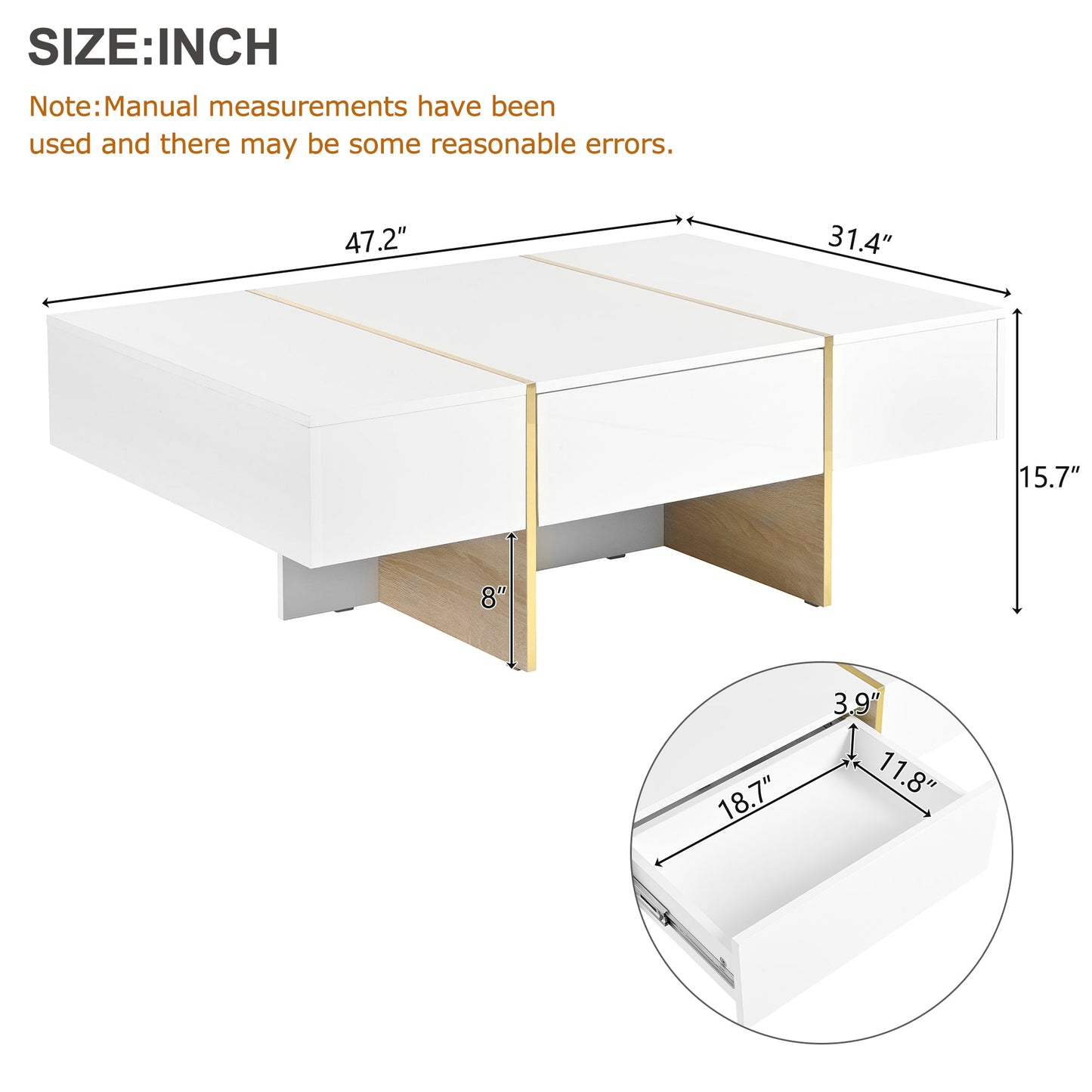 ON-TRANS 47.2 inch x 31.4 inch multifunctional rectangular sofa table with 2 drawers and gold wood grain leg center table, white - Korvel
