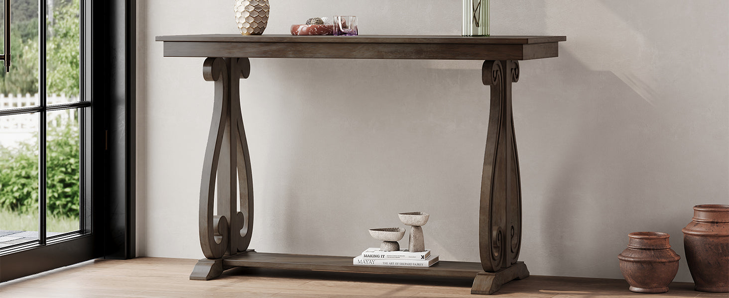 48-Inch Rustic Vintage Console Table --- Farmhouse Style Entryway Table with Open Shelf and Sturdy Construction (Walnut) - Korvel