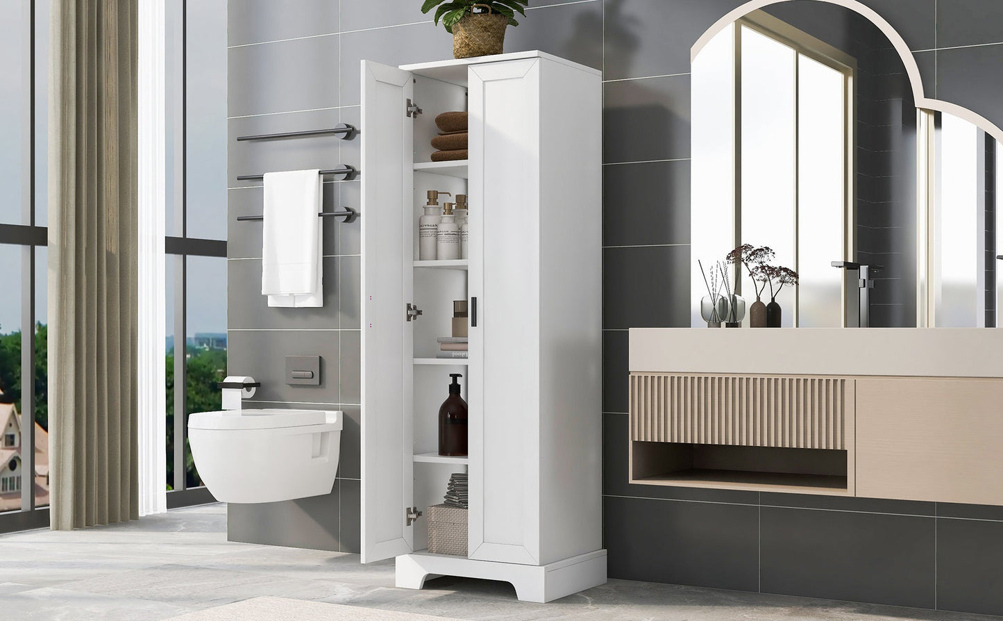 Storage Cabinet with Two Doors for Bathroom, Office, Adjustable Shelf, MDF Board, White - Korvel