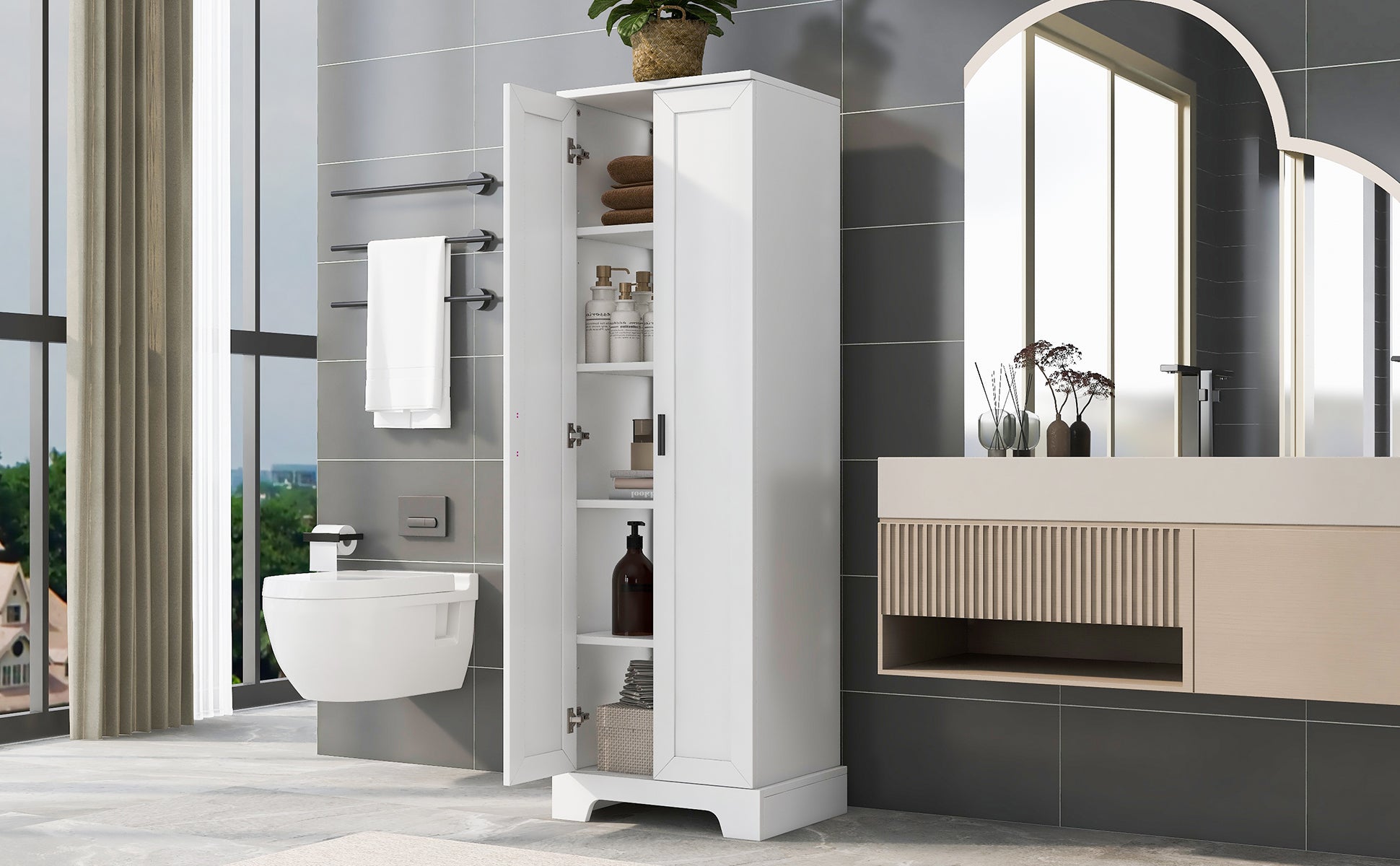 Storage Cabinet with Two Doors for Bathroom, Office, Adjustable Shelf, MDF Board, White - Korvel