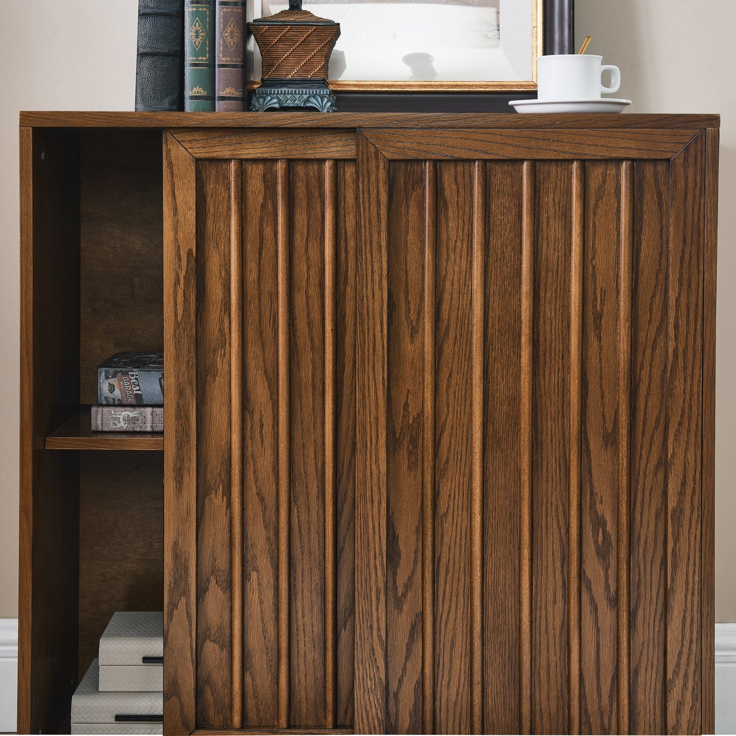Medieval side panel with 2 sliding doors and solid wood decorative strips, storage cabinet - Korvel