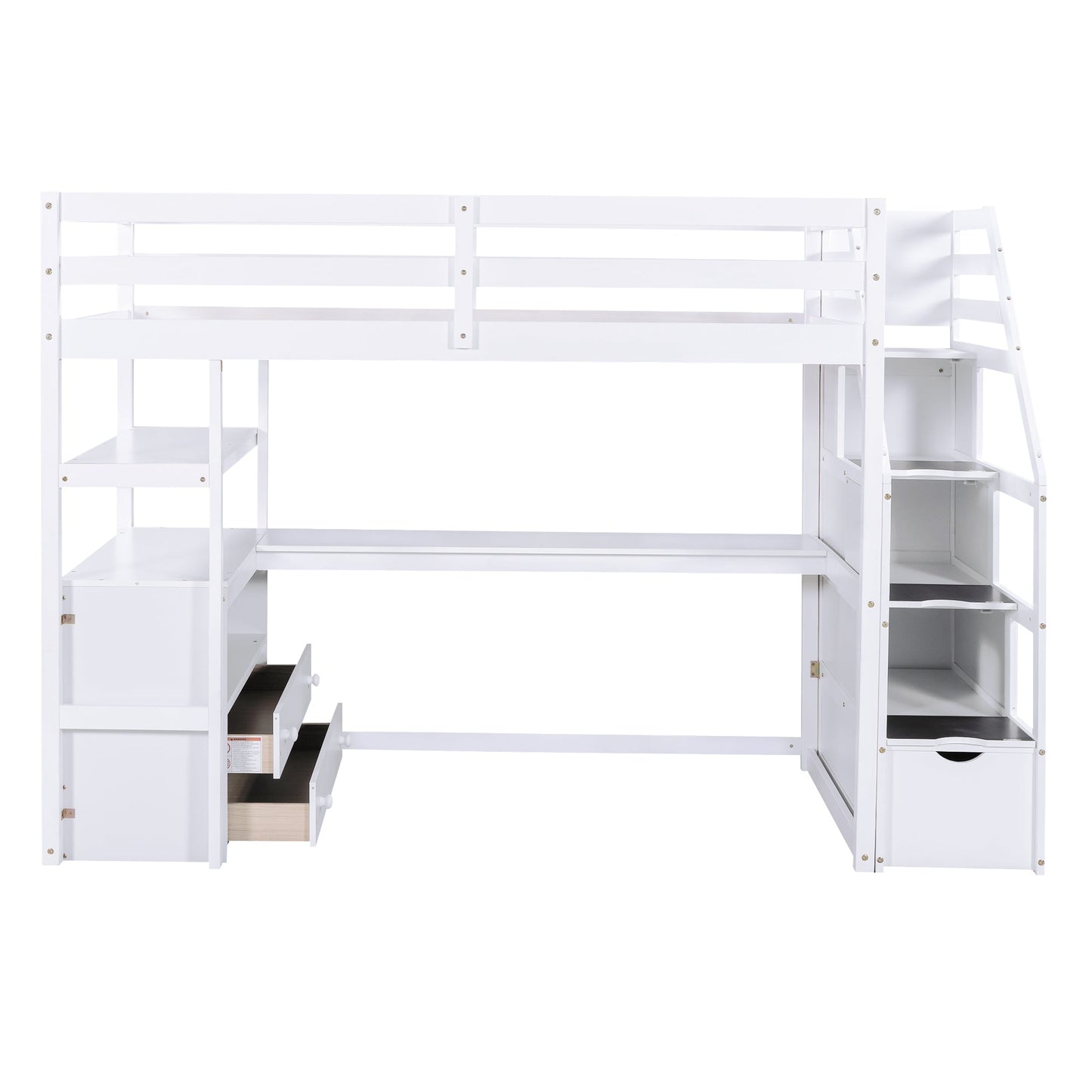 Twin Size Loft Bed with Desk and Shelves  Two Built-in Drawers  Storage Staircase White - Korvel