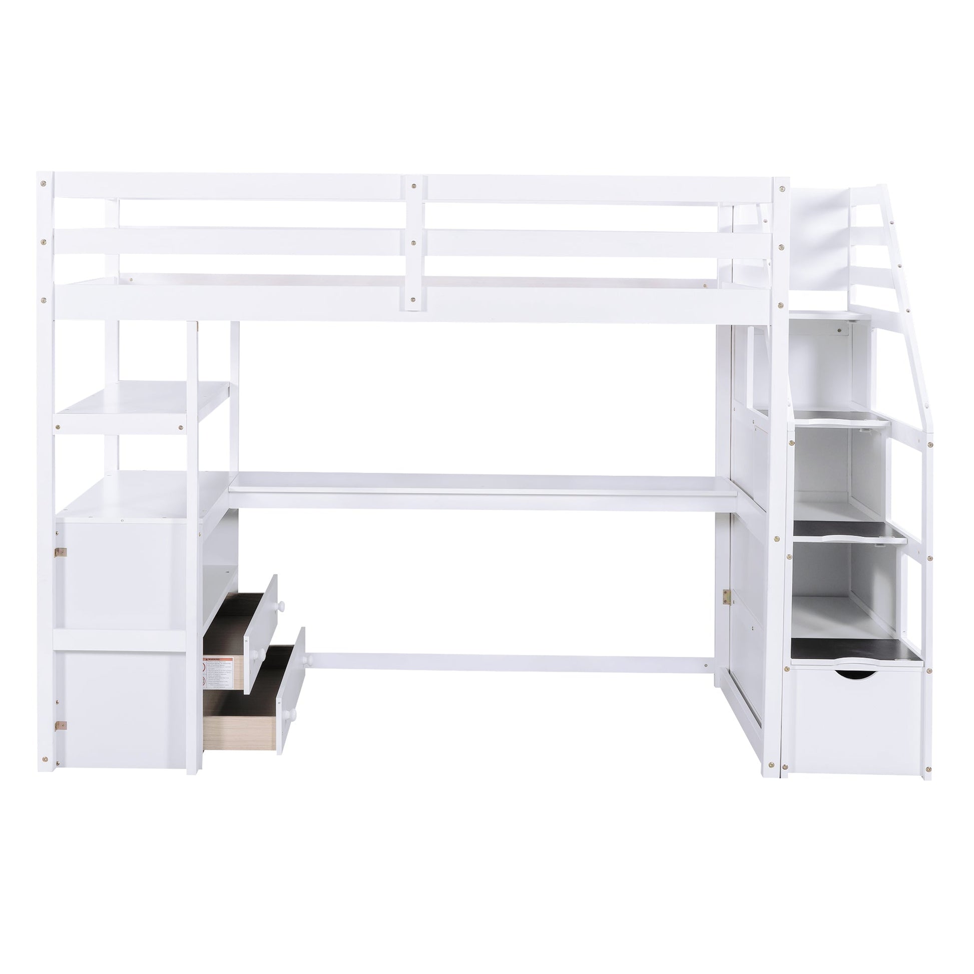 Twin Size Loft Bed with Desk and Shelves  Two Built-in Drawers  Storage Staircase White - Korvel