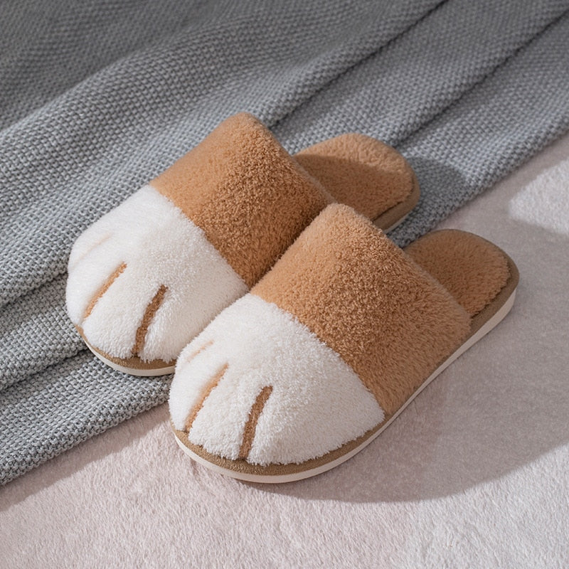Winter House Warm Fur Slipers For Women Cute Cat paw Designer Bedroom Warm Plush Shoes Non-slip Indoor Women Furry Slippers - Korvel