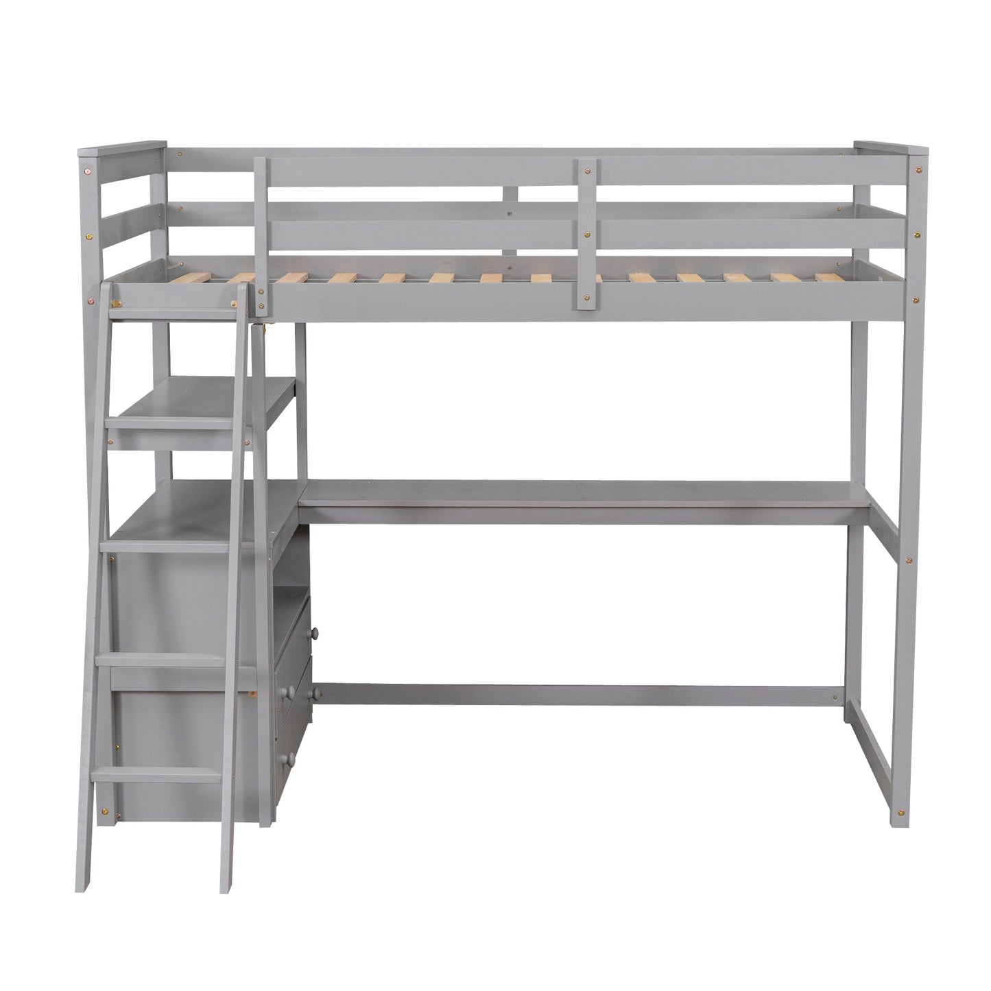 Twin Size Loft Bed with Desk and Shelves, Two Built-in Drawers, Gray - Korvel