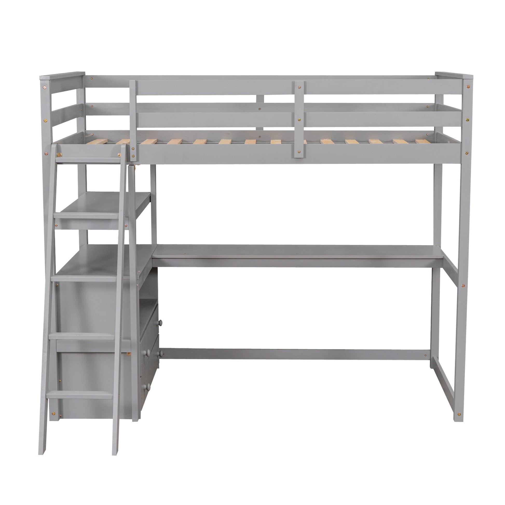 Twin Size Loft Bed with Desk and Shelves, Two Built-in Drawers, Gray - Korvel