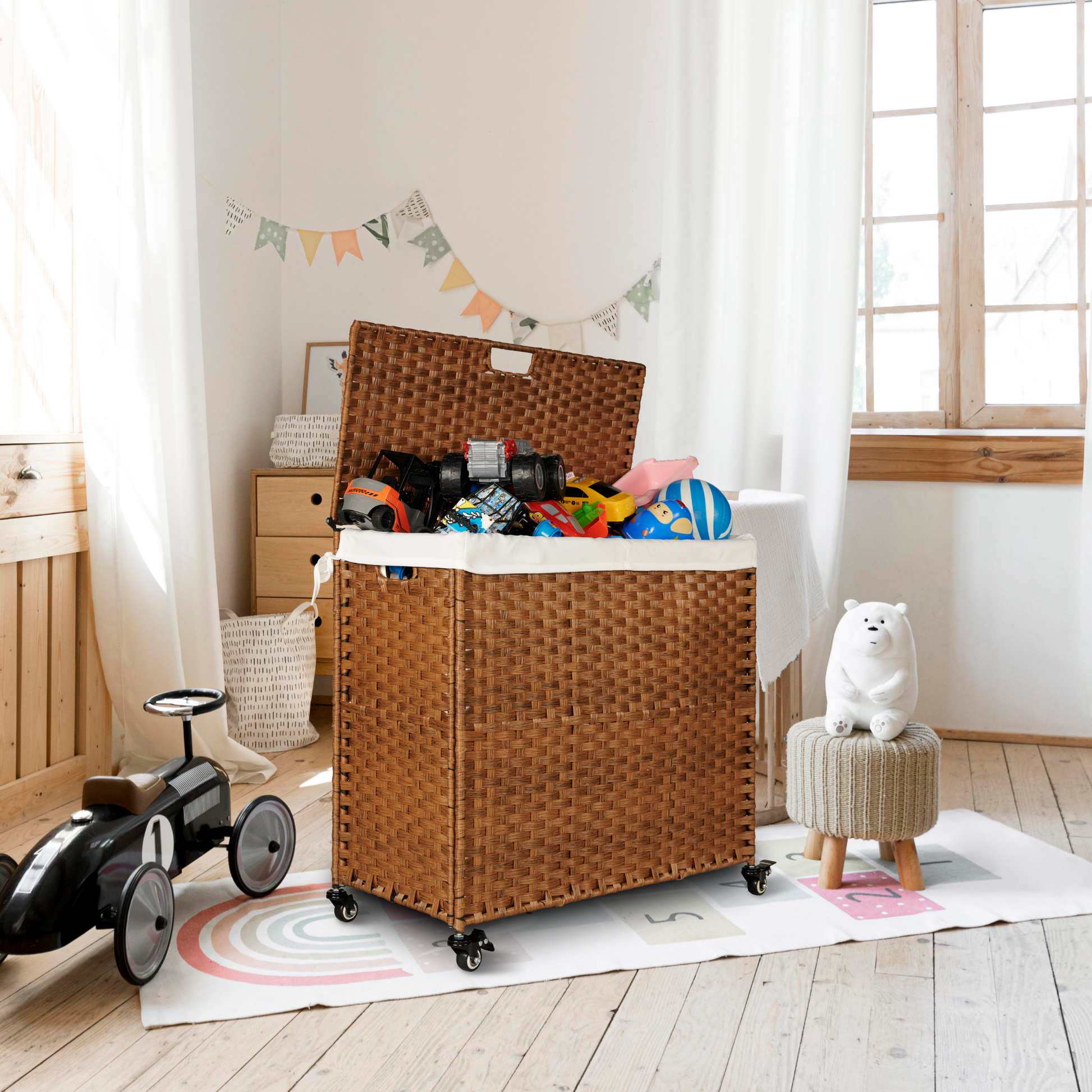 Laundry Hamper With Lid PE Rattan Powder Coating Frame Clothes Hampers with 02 Removable Bags, Wheels, 160L, Brown Color - Korvel